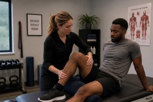 Physiotherapist assisting patient with knee injury treatment in London.